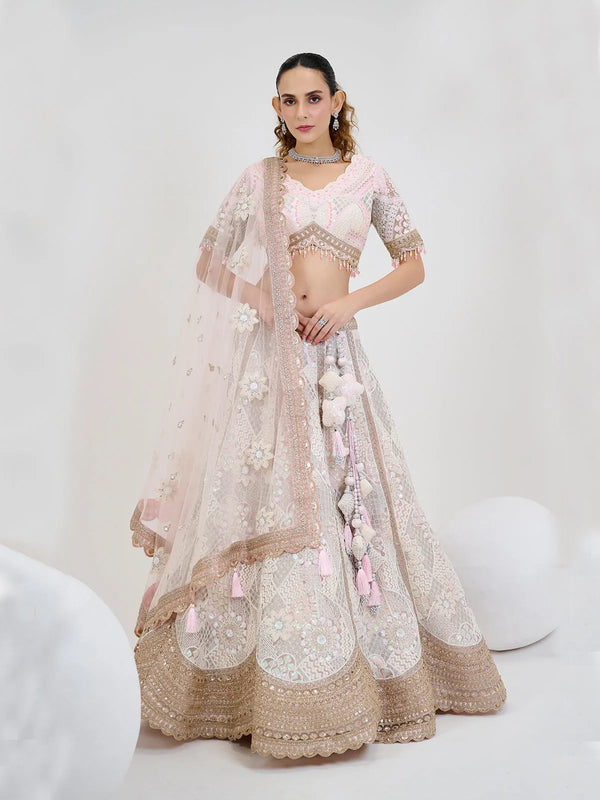 White-Pink Net Bridal Weeding Lehenga Choli