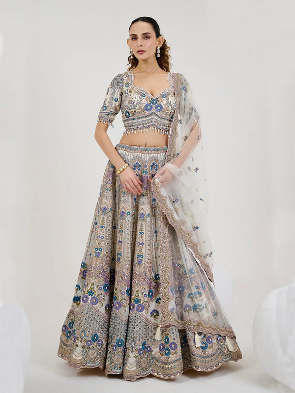 White-Blue Organza Silk White-Blue Bridal Weeding Lehenga Choli