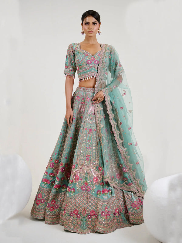 Organza Sea Green Silk Bridal Weeding Lehenga Choli