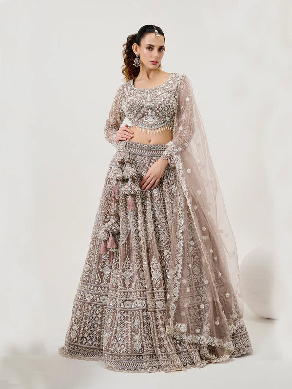 Light Brown Net Bridal Designer Silk Weeding Lehenga