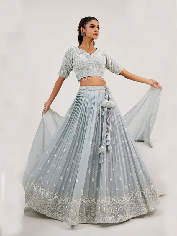 Georgette Coin Grey Embordered Weeding Lehenga Choli