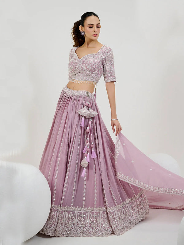 Georgette Light Purple Embordered Weeding Lehenga Choli