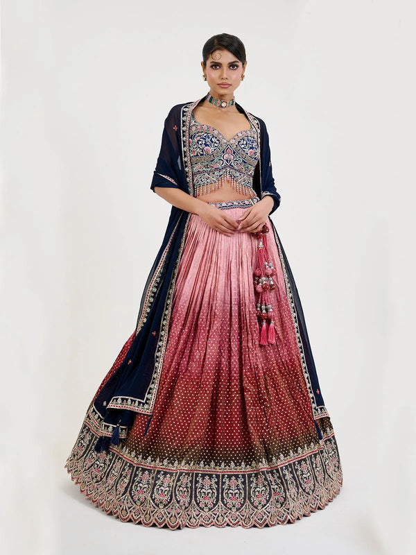 Red-Blue Jacquard Embordered And Print Weeding Lehenga