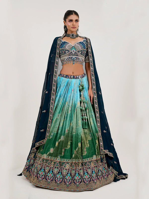 Jacquard Bridal Embordered And Print Weeding Lehenga In Green-Blue