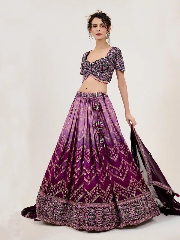 Jacquard Purple Bridal Embordered And Print Weeding Lehenga