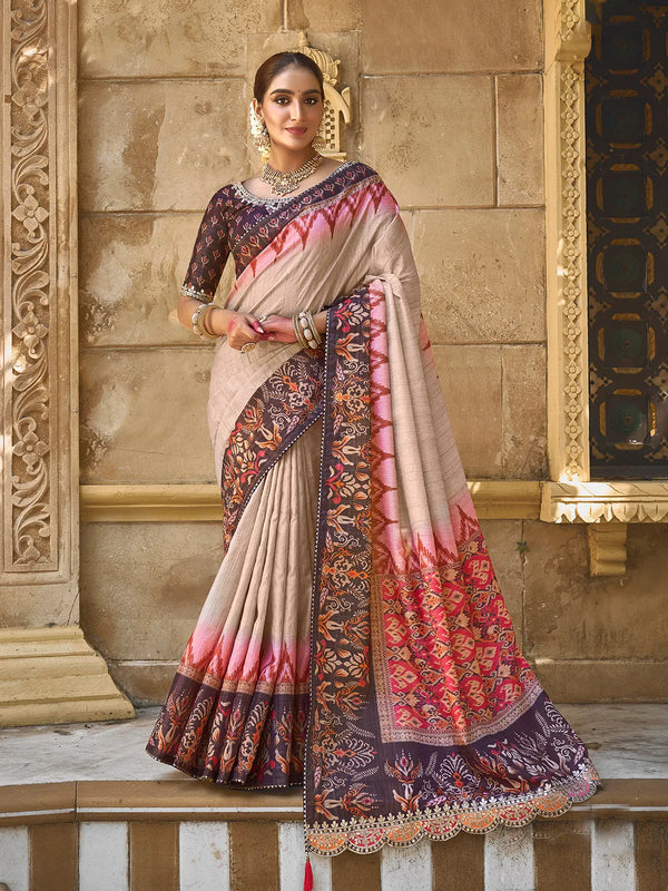 Beige Bhagalpuri Silk Saree with Magenta Pure Raw Silk Blouse For Any Occasion