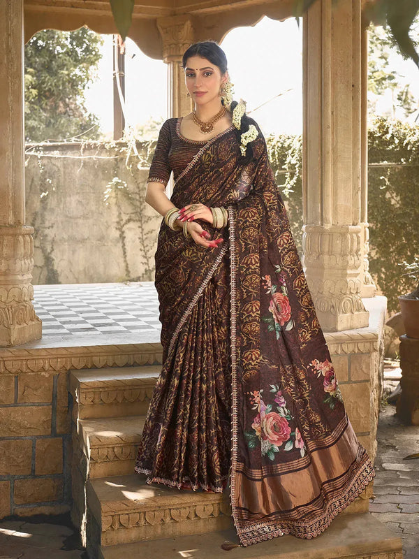 Brown Gajji Silk Saree with with Gota & Minakari Work For Any Occasion
