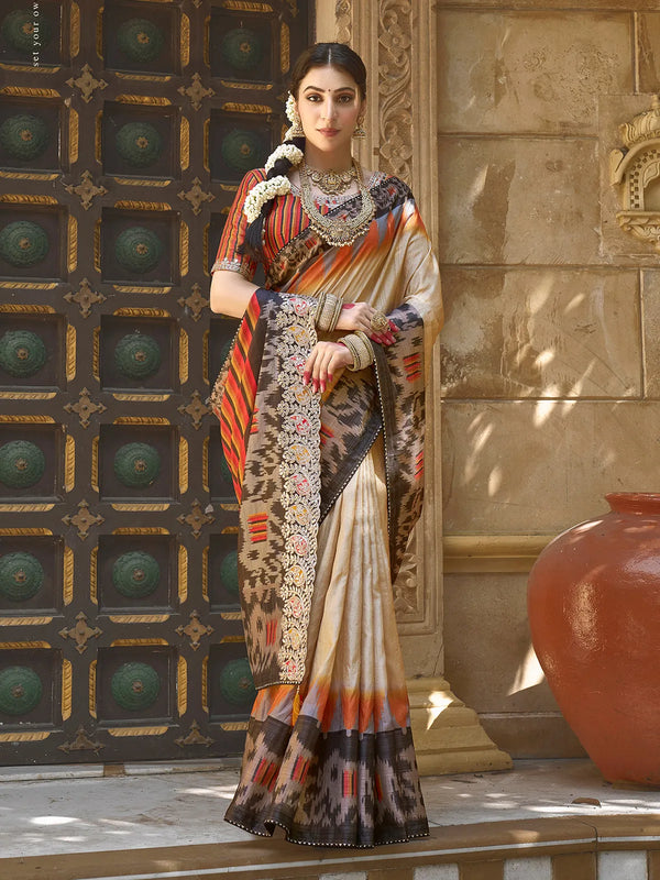 Beige Pure Raw Silk Saree with Gota Handwork and Orange Blouse For Any Occasion