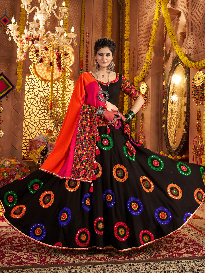 Black Viscose Cotton Lehenga Choli for Navratri with Thread Embroidery & Mirror Work | Festive Traditional Wear