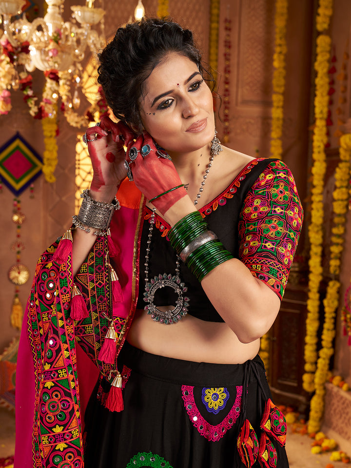 Black Viscose Cotton Lehenga Choli for Navratri with Thread Embroidery & Mirror Work | Festive Traditional Wear