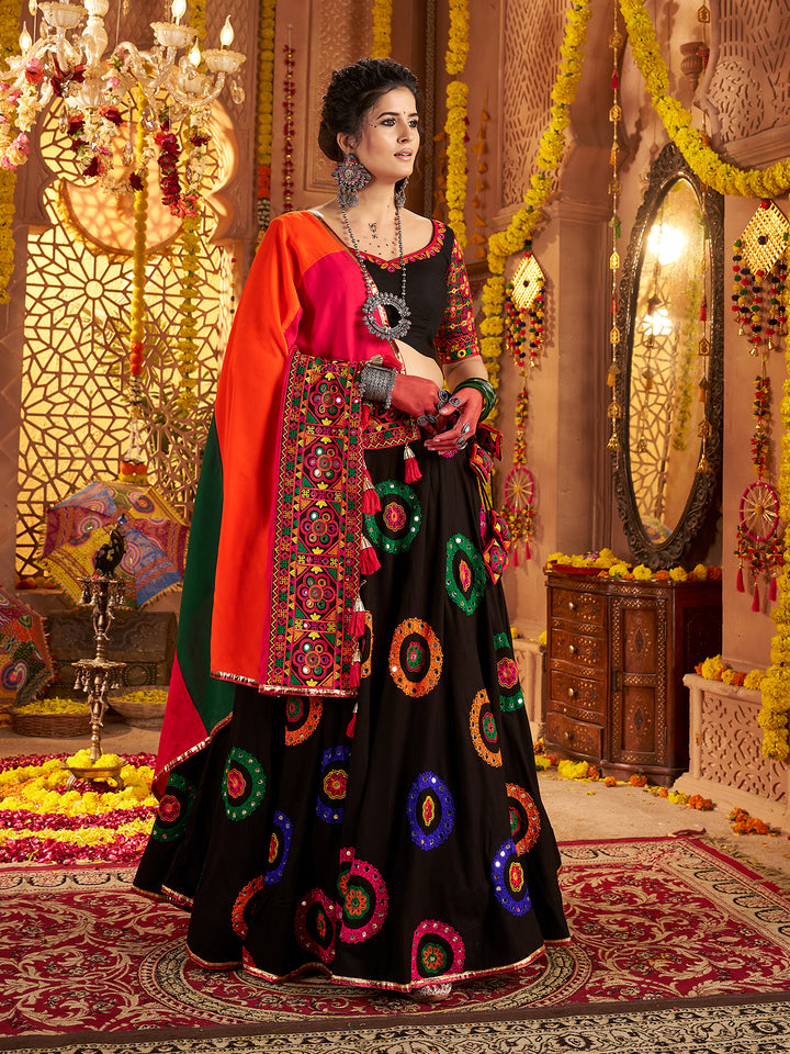 Black Viscose Cotton Lehenga Choli for Navratri with Thread Embroidery & Mirror Work | Festive Traditional Wear