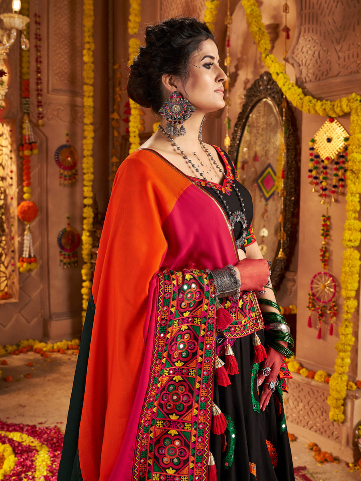Black Viscose Cotton Lehenga Choli for Navratri with Thread Embroidery & Mirror Work | Festive Traditional Wear