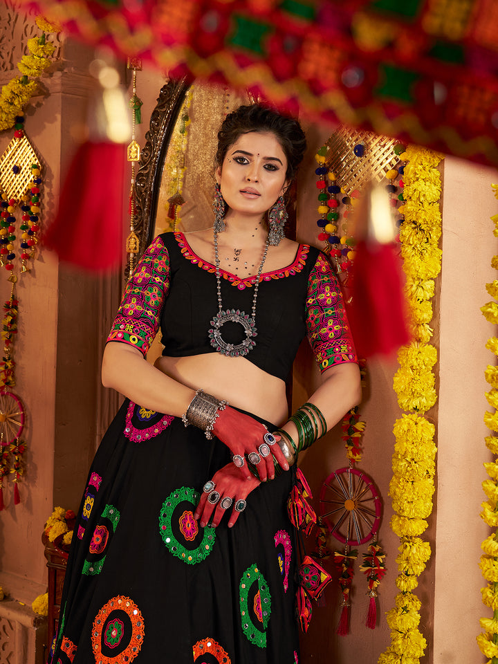 Black Viscose Cotton Lehenga Choli for Navratri with Thread Embroidery & Mirror Work | Festive Traditional Wear
