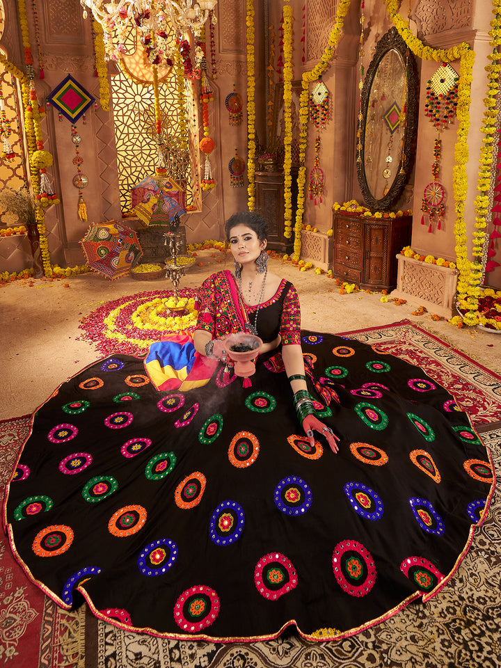 Black Viscose Cotton Lehenga Choli for Navratri with Thread Embroidery & Mirror Work | Festive Traditional Wear
