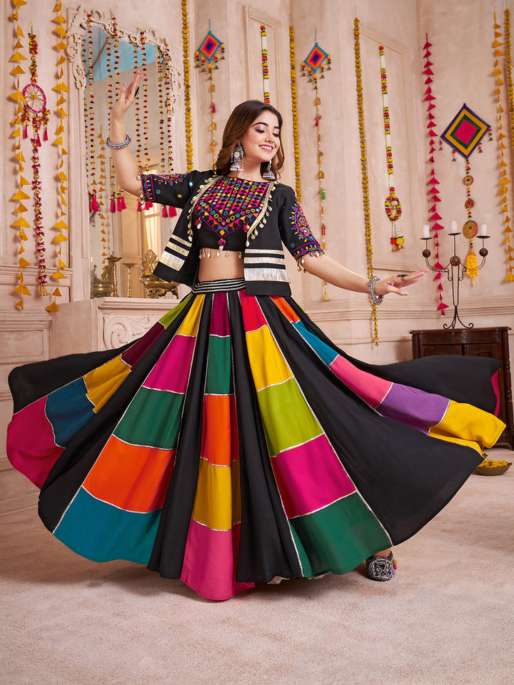 Multi-Color Navratri Lehenga Choli with Kutchi Patchwork, Mirror & Kodi Jacket – Viscose Cotton