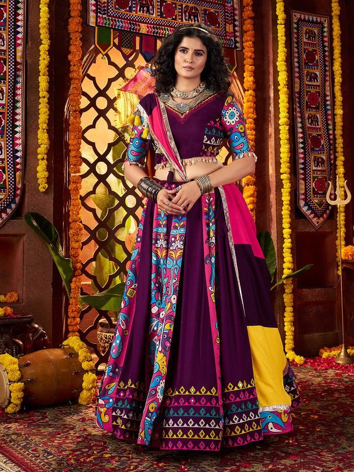 Purple Navratri Lehenga Choli in Viscose Cotton with Kutchi & Kodi Hand Work Lace, Mirror & Patch Work Dupatta