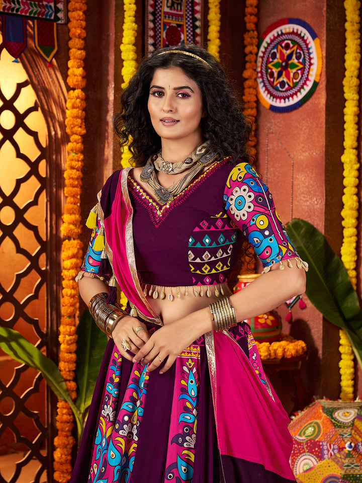 Purple Navratri Lehenga Choli in Viscose Cotton with Kutchi & Kodi Hand Work Lace, Mirror & Patch Work Dupatta