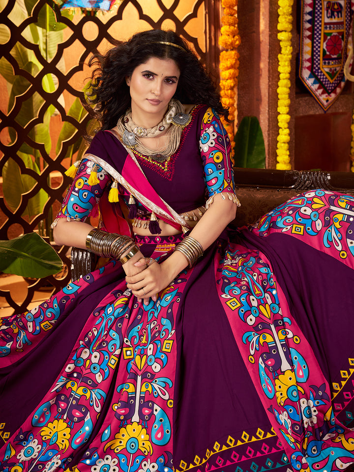 Purple Navratri Lehenga Choli in Viscose Cotton with Kutchi & Kodi Hand Work Lace, Mirror & Patch Work Dupatta