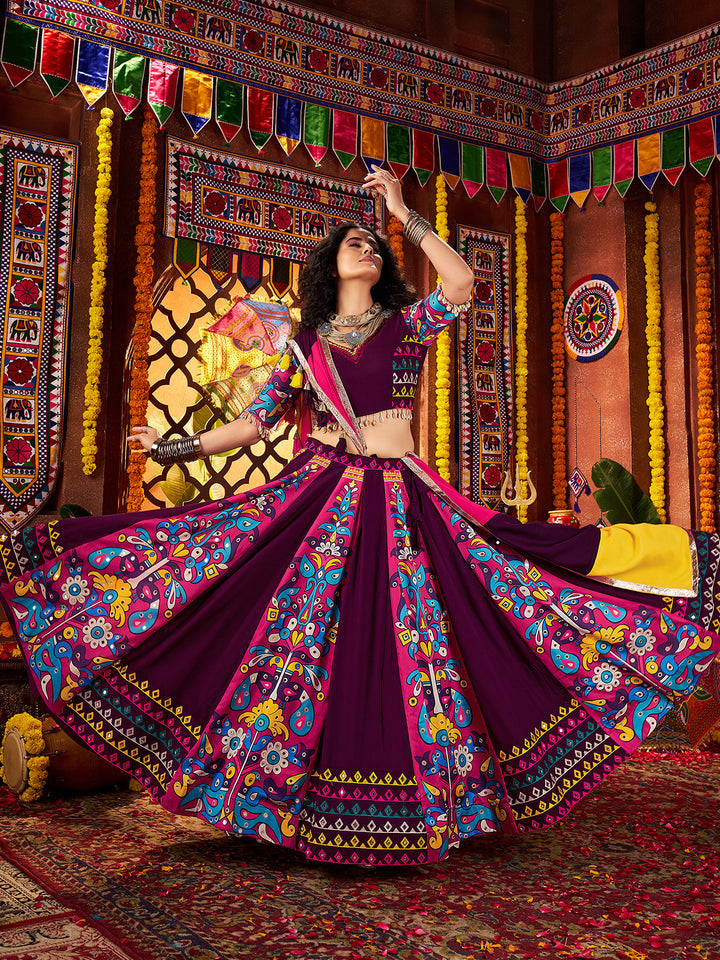 Purple Navratri Lehenga Choli in Viscose Cotton with Kutchi & Kodi Hand Work Lace, Mirror & Patch Work Dupatta