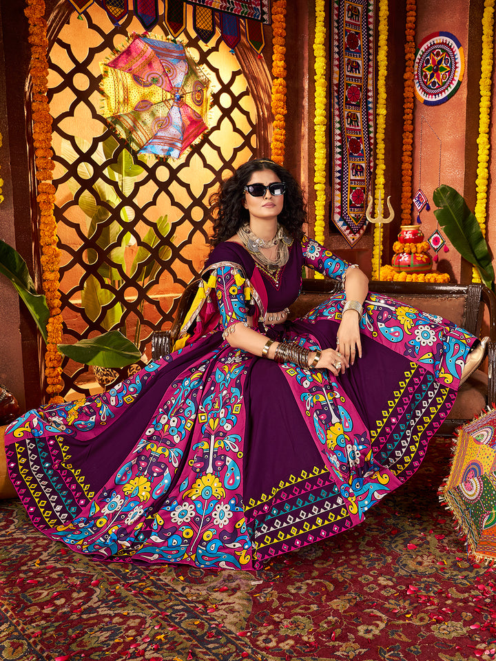 Purple Navratri Lehenga Choli in Viscose Cotton with Kutchi & Kodi Hand Work Lace, Mirror & Patch Work Dupatta