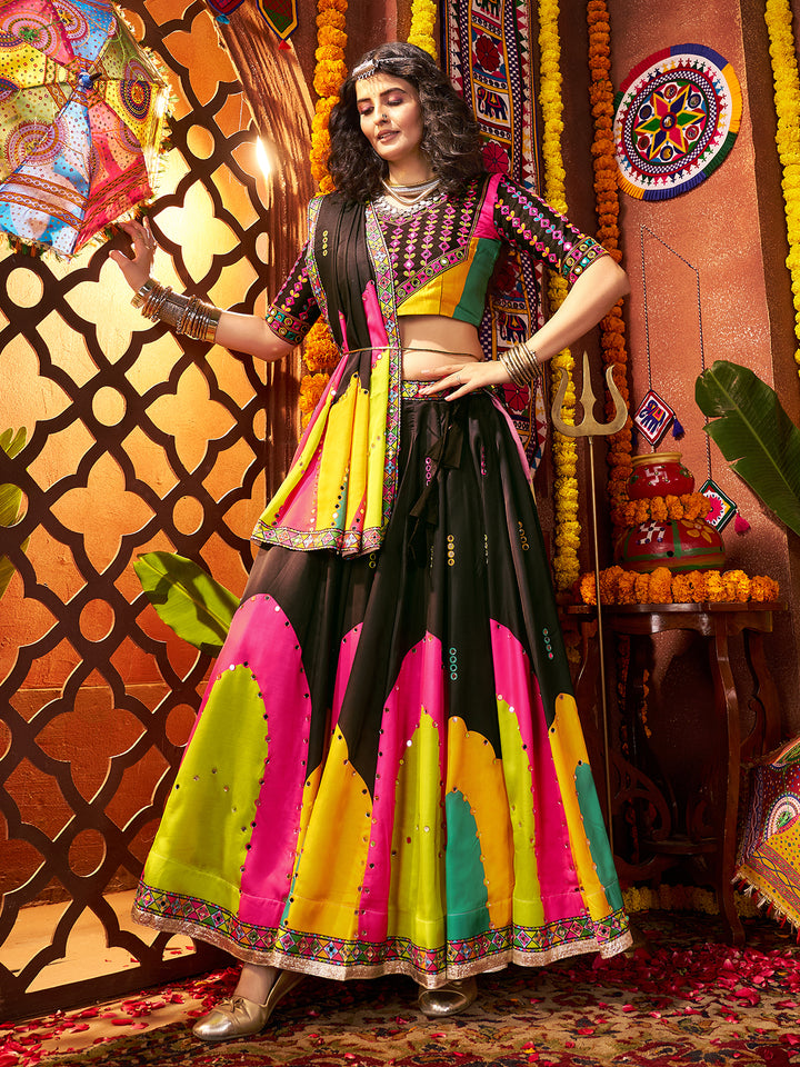 Black Gajji Silk Lehenga Choli for Navratri | Digital Print & Mirror Work
