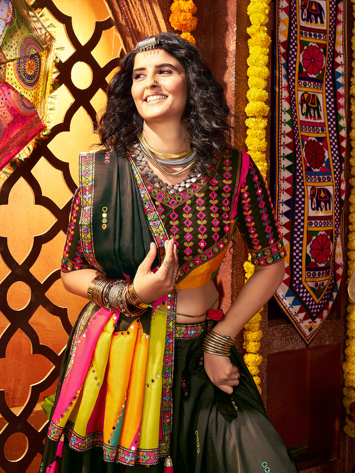 Black Gajji Silk Lehenga Choli for Navratri | Digital Print & Mirror Work