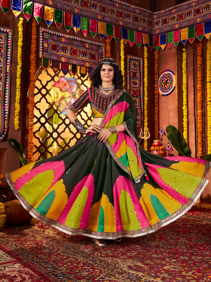 Black Gajji Silk Lehenga Choli for Navratri | Digital Print & Mirror Work
