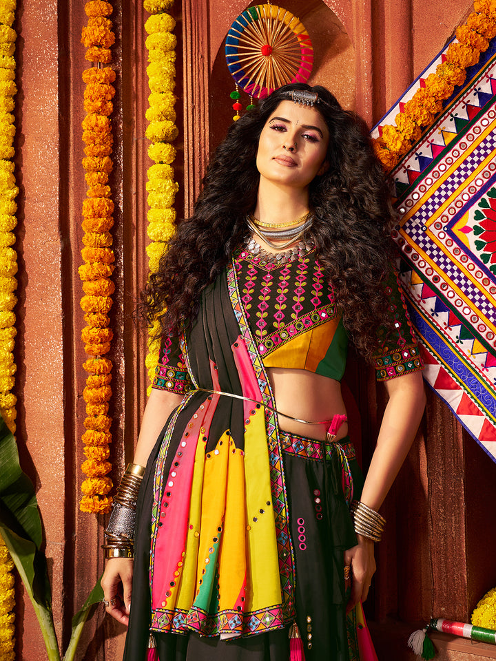 Black Gajji Silk Lehenga Choli for Navratri | Digital Print & Mirror Work