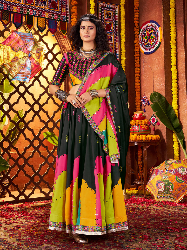 Black Gajji Silk Lehenga Choli for Navratri | Digital Print & Mirror Work