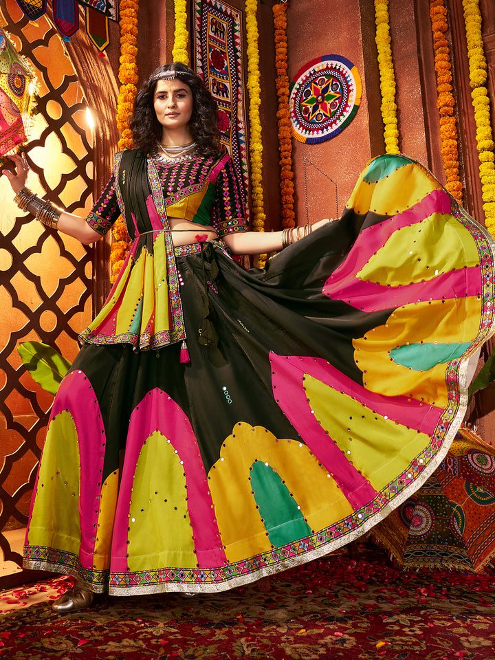 Black Gajji Silk Lehenga Choli for Navratri | Digital Print & Mirror Work
