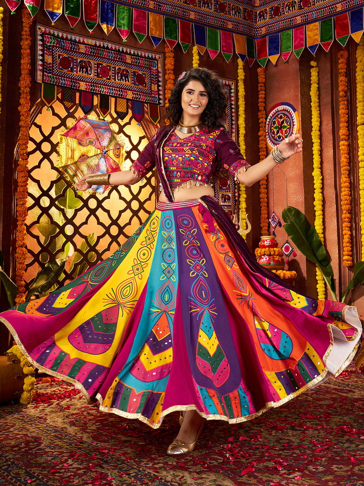 Multi Color Gajji Silk Navratri Lehenga Choli with Mirror Work & Satin Silk Dupatta