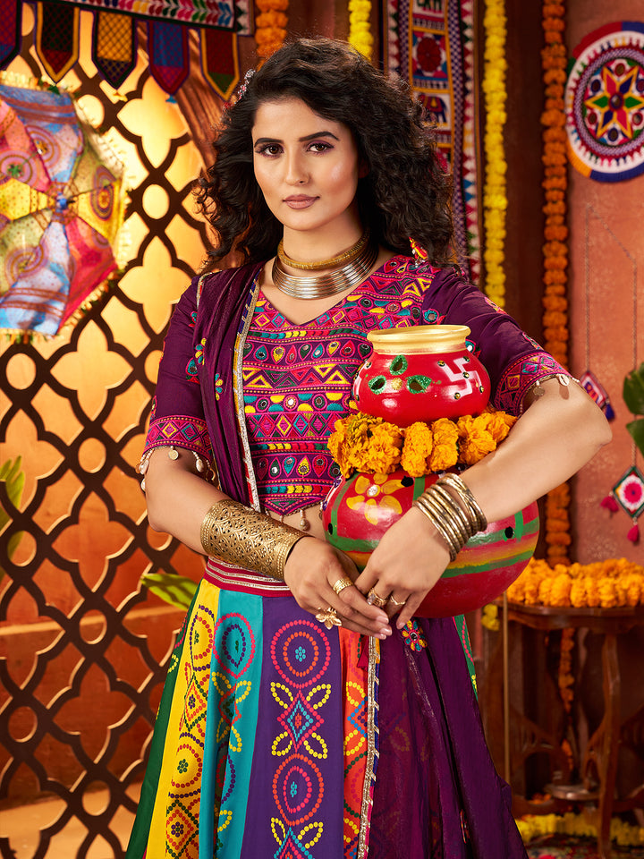 White Gajji Silk Navratri Lehenga with Digital Print, Mirror & Multi Thread Hand Work Choli, Viscose Cotton Dupatta – Festive & Garba Special Outfit