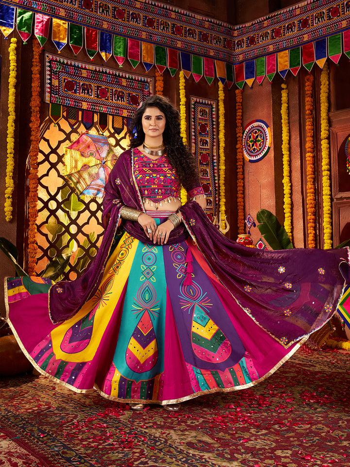 White Gajji Silk Navratri Lehenga with Digital Print, Mirror & Multi Thread Hand Work Choli, Viscose Cotton Dupatta – Festive & Garba Special Outfit