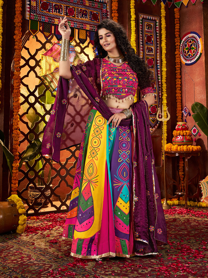 White Gajji Silk Navratri Lehenga with Digital Print, Mirror & Multi Thread Hand Work Choli, Viscose Cotton Dupatta – Festive & Garba Special Outfit