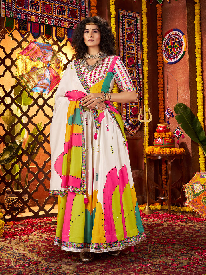 White Gajji Silk Navratri Lehenga Choli with Digital Print & Mirror Work – Festive Garba Outfit