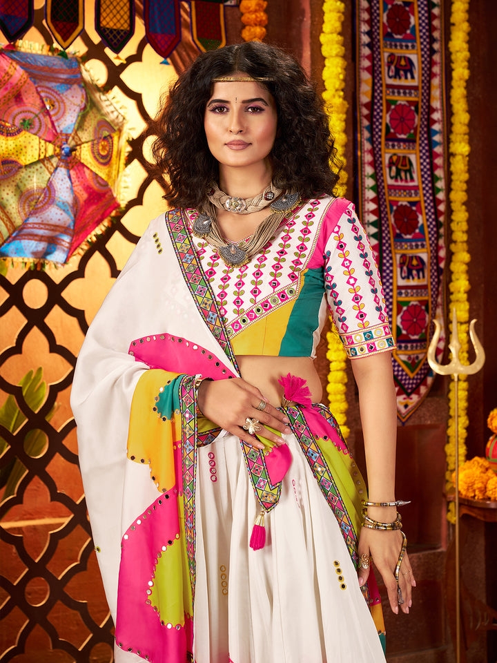 White Gajji Silk Navratri Lehenga Choli with Digital Print & Mirror Work – Festive Garba Outfit