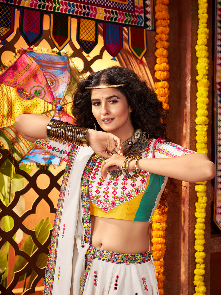 White Gajji Silk Navratri Lehenga Choli with Digital Print & Mirror Work – Festive Garba Outfit