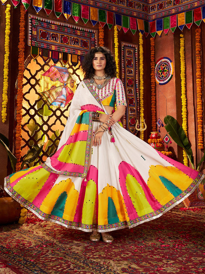 White Gajji Silk Navratri Lehenga Choli with Digital Print & Mirror Work – Festive Garba Outfit