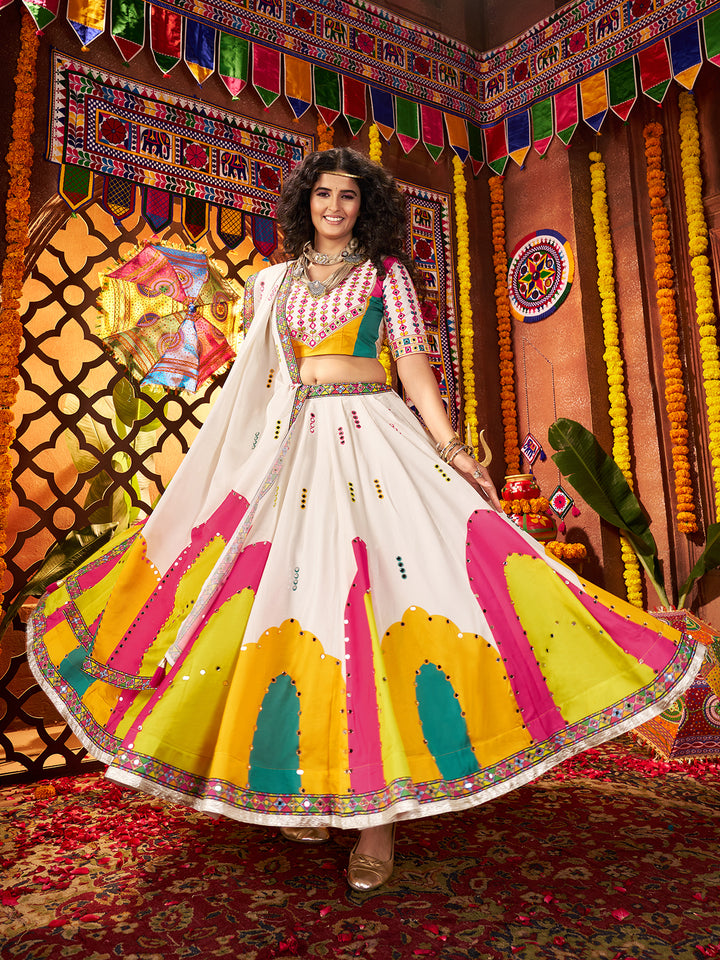 White Gajji Silk Navratri Lehenga Choli with Digital Print & Mirror Work – Festive Garba Outfit