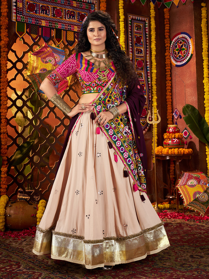 Beige Navratri Lehenga Choli in Viscose Cotton with Kutchi Mirror Work & Thread Lampi Border