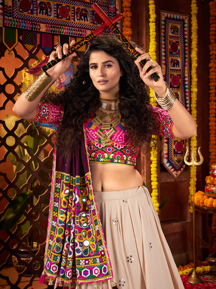 Beige Navratri Lehenga Choli in Viscose Cotton with Kutchi Mirror Work & Thread Lampi Border