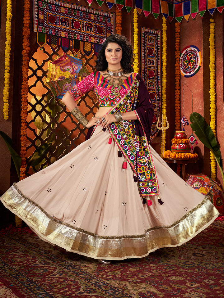 Beige Navratri Lehenga Choli in Viscose Cotton with Kutchi Mirror Work & Thread Lampi Border