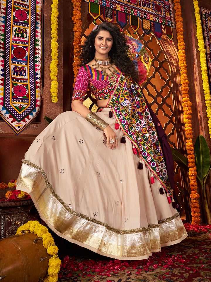 Beige Navratri Lehenga Choli in Viscose Cotton with Kutchi Mirror Work & Thread Lampi Border