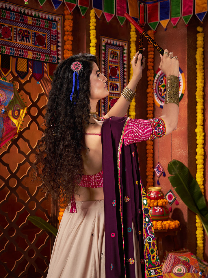 Beige Navratri Lehenga Choli in Viscose Cotton with Kutchi Mirror Work & Thread Lampi Border