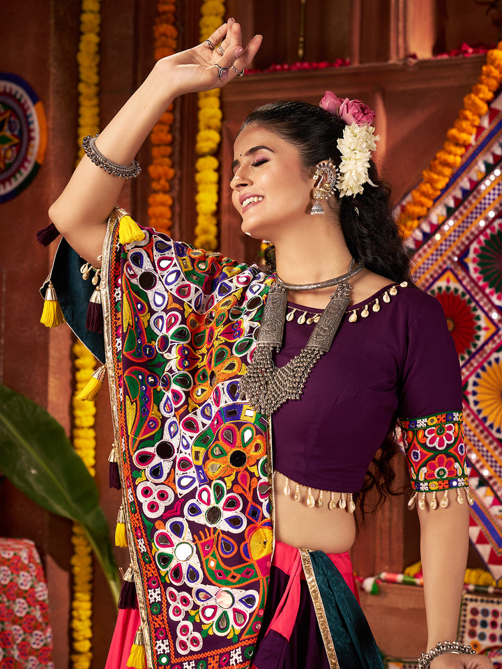 Navratri Special Kutchi Work Multicolor Lehenga Choli Set – Mirror Work, Lampi Border & Viscose Cotton Fabric