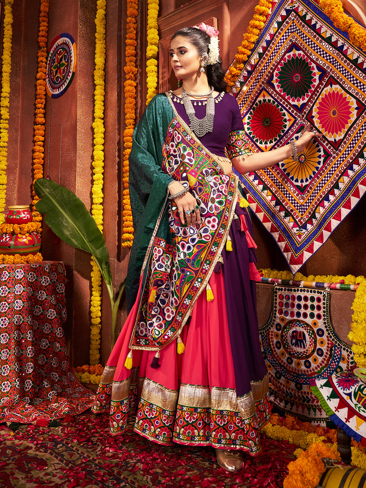 Navratri Special Kutchi Work Multicolor Lehenga Choli Set – Mirror Work, Lampi Border & Viscose Cotton Fabric
