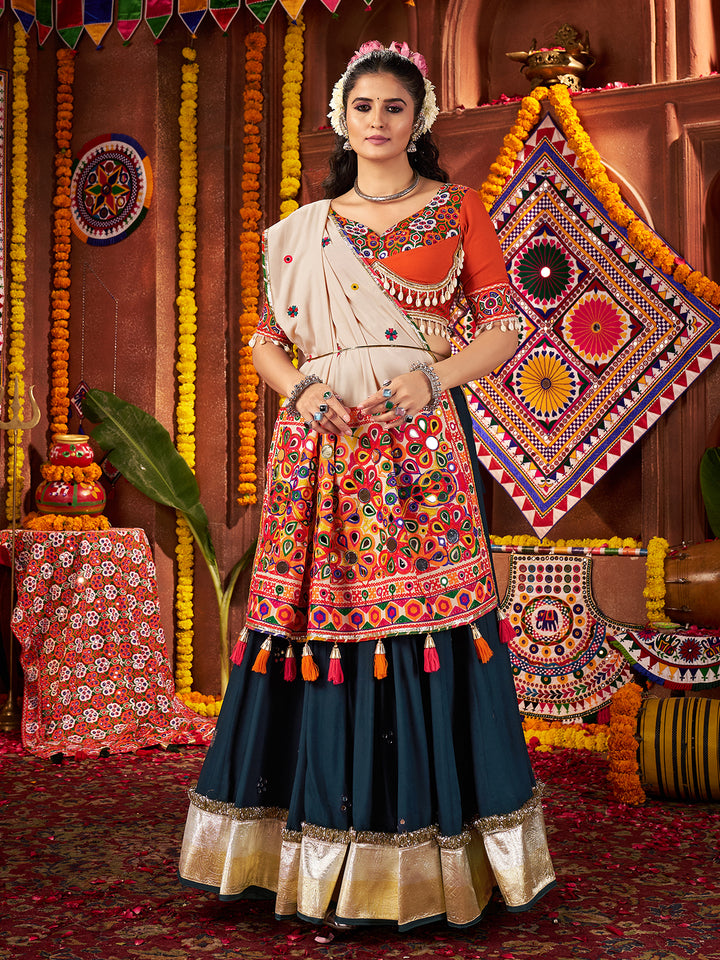 Teal Blue Navratri Lehenga Choli in Viscose Cotton with Mirror & Kutchi Work – Traditional Gujarati Garba Outfit