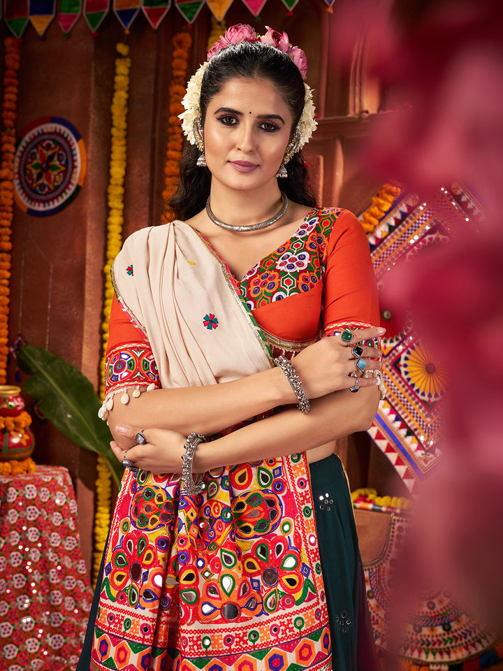 Teal Blue Navratri Lehenga Choli in Viscose Cotton with Mirror & Kutchi Work – Traditional Gujarati Garba Outfit