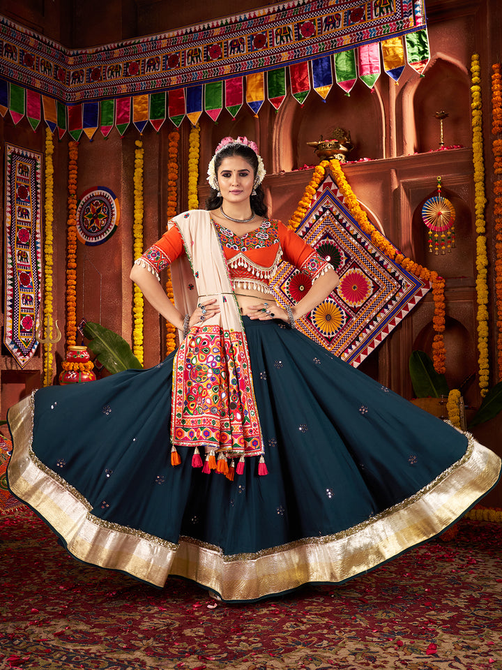 Teal Blue Navratri Lehenga Choli in Viscose Cotton with Mirror & Kutchi Work – Traditional Gujarati Garba Outfit