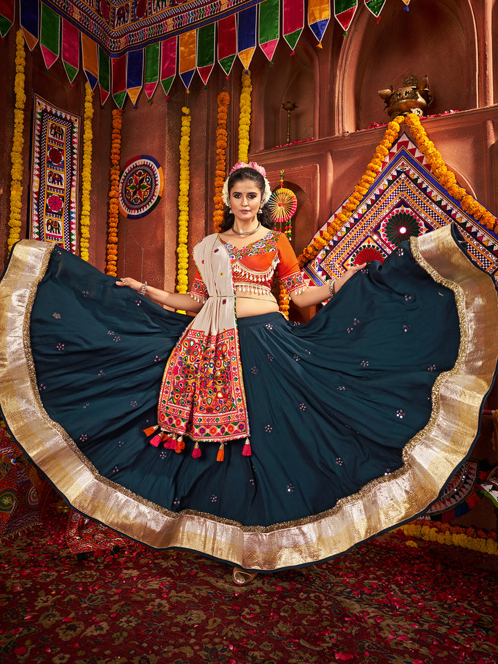 Teal Blue Navratri Lehenga Choli in Viscose Cotton with Mirror & Kutchi Work – Traditional Gujarati Garba Outfit